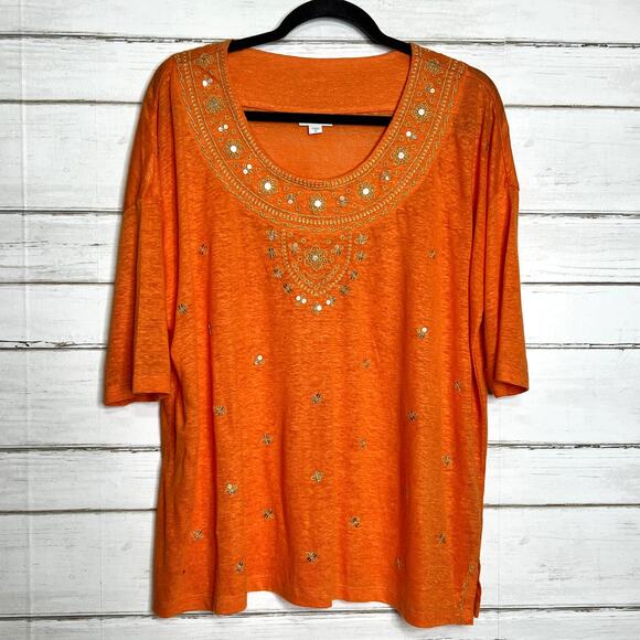 J. Jill Love Linen Orange Embellished Short Sleeve Blouse Size Medium - Picture 1 of 10
